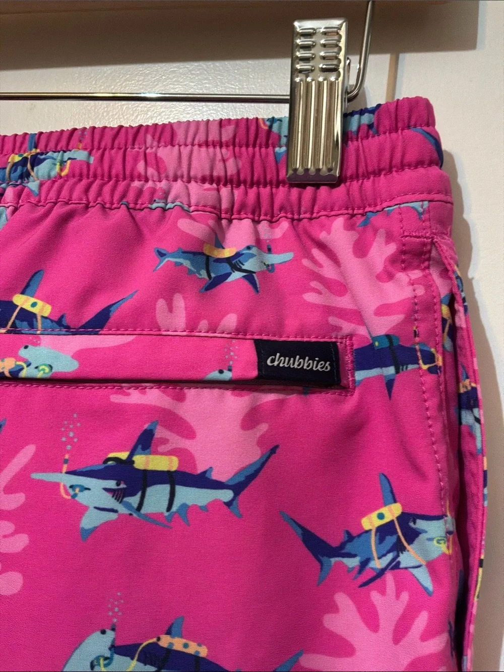 Boys Chubbies Pink Shark Print Swim Shorts size M 10/12